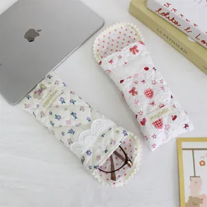 Quilted glasses pouch with soft padding, cute floral and bow patterns, portable snap case.