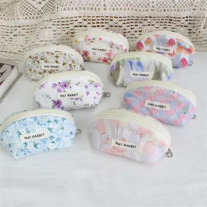Cute floral half-circle makeup pouch canvas coin purse zipper portable cosmetic bag for women