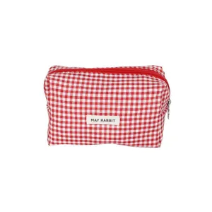 Borsetta cosmetica e astuccio a quadri rossi e bianchi, borsa da viaggio, vista principale.