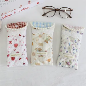 Quilted fabric glasses storage pouch cute floral bear padded protective case portable