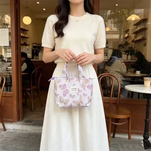 Ins style retro butterfly print canvas lunch handbag, elegant purple tote bag daily use