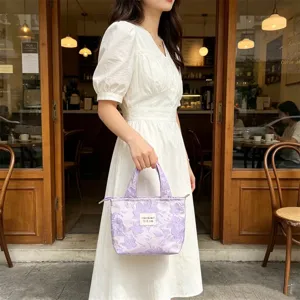 Vintage embossed jacquard lunch bag, elegant purple hand-held canvas storage pouch for daily work.