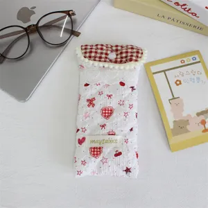 Quilted cotton glasses pouch with cute heart print and plaid flap, soft portable protective case.