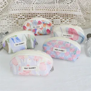 Cute floral canvas shell cosmetic bag with tulip print zipper makeup pouch and coin purse
