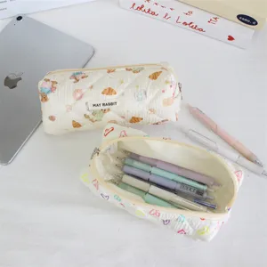 Trousse à crayons matelassée mignonne avec motif d'ours, grand sac de rangement de papeterie.