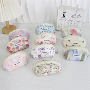Cute Shell Shaped Cotton Coin Purse Fresh Floral Polka Dot Print Makeup Bag Lipstick Pouch With Zipper Closure For Women
