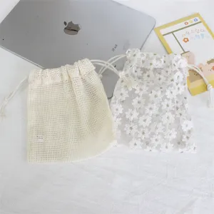 Daisy embroidered mesh drawstring bags set jewelry cosmetics storage gift pouches cute
