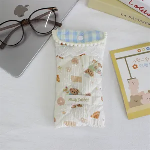Cute quilted glasses pouch detail, soft padded storage case with cute bear and gingham flap.