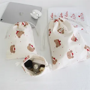 Bonito conjunto de bolsas de almacenamiento con cordón de lona de oso de Navidad, neceser.