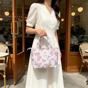 Vintage butterfly print canvas lunch bag for women, large capacity handbag storage.