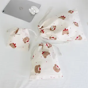 Bonita bolsa de lona con cordón de oso navideño set de 3 piezas, organizador portátil.