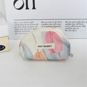 Cute tulip print shell cosmetic bag canvas zipper coin purse portable daily makeup storage pouch
