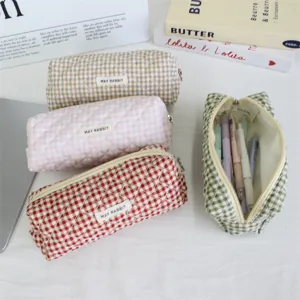 Joli étui à crayons à carreaux matelassé grande capacité organisateur de papeterie mignon