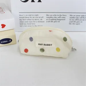 Mini canvas coin pouch with colorful polka dots, portable zipper cosmetic makeup storage bag.