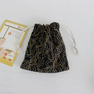Black gold embroidered drawstring pouch mini jewelry cosmetic storage gift bag chic style