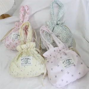 Cute floral corduroy handbag portable drawstring bento storage bag Korean style sweet aesthetic bag