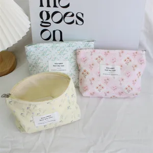 Corduroy floral cosmetic bag portable zipper makeup pouch cute storage bag for women daily essentials