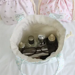 Floral corduroy tote bag interior large capacity cosmetic storage pouch detail view cute design
