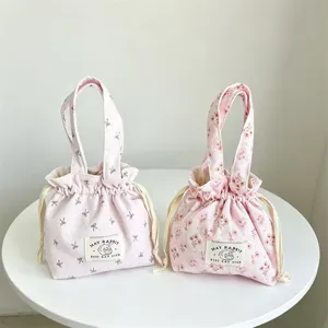 Corduroy floral drawstring tote bag, cute Korean style portable daily storage cosmetic lunch bag.