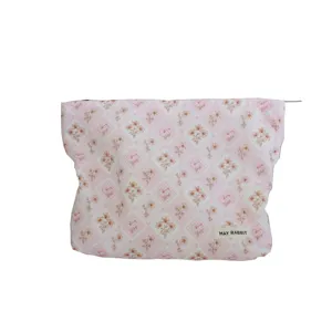 Corduroy floral makeup bag pink quilted zipper pouch cute cosmetic organizer for women