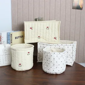 Korean quilted fabric storage basket desktop toy cosmetic organizer bucket detail view