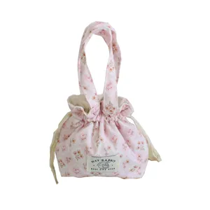 Pink floral corduroy handbag, portable cute drawstring bento bag, daily storage shoulder bag.