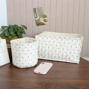 Korean ins-style quilted fabric storage basket, cute brown heart pattern desktop organizer.