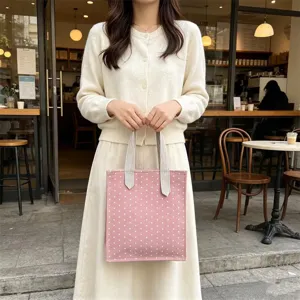 Borsa tote in tela rosa a pois, mini borsetta carina per uso quotidiano, stile letterario.