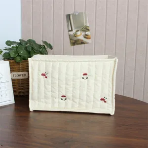 Korean ins style quilted fabric storage box with cute mushroom embroidery for desktop tidy.