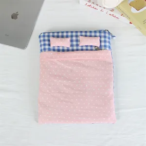 Cute bed shaped quilted tablet sleeve soft shockproof laptop bag detail view with pillow and blanket.
