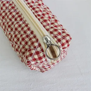 Trousse à crayons matelassée vichy rouge et blanche sac de maquillage portable mignon