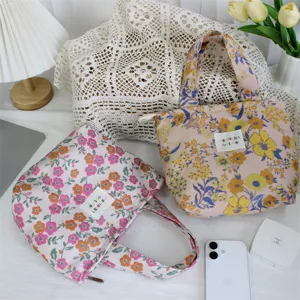 Vintage floral canvas lunch bag, large capacity portable tote bag, casual daily storage bag.