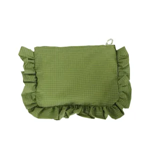 Grüner karierter Nylon Kosmetikbeutel mit süßem Rüschenrand, wasserdichte Make-up Tasche.