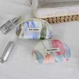 Cute tulip print shell cosmetic bag, canvas mini zipper makeup pouch and coin purse for women.