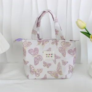 Retro butterfly canvas lunch bag, large capacity handbag for women, cute daily tote bag.