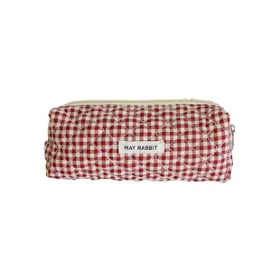 Trousse à crayons matelassée vichy rouge et blanche mignonne pochette zippée de maquillage.