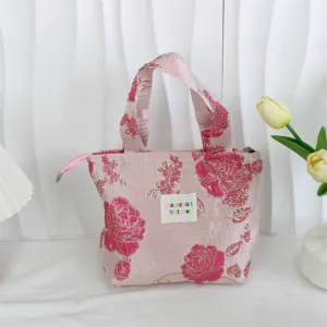 Vintage pink floral jacquard handbag lunch bag with zipper closure and cute front woven label