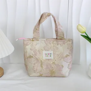 Vintage embossed floral jacquard lunch bag handbag detail view, elegant design, daily storage.