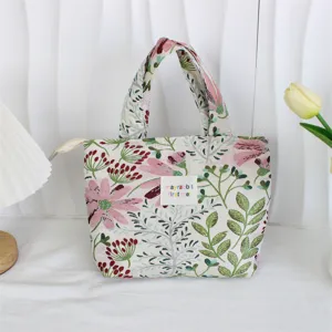 Close-up detail of the vintage floral jacquard lunch bag showing exquisite fabric texture.