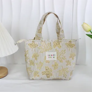 INS vintage embossed jacquard lunch bag large capacity canvas handbag for women daily commuting