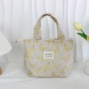 Vintage gold butterfly canvas bento bag large capacity handbag office storage tote