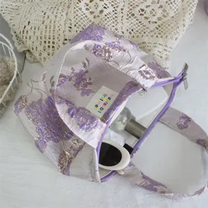 Vintage floral jacquard tote bag elegant purple office lunch handbag stylish storage pouch