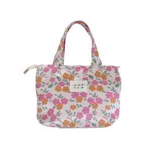 Retro floral canvas lunch handbag, cute large capacity tote bag for daily work and travel.