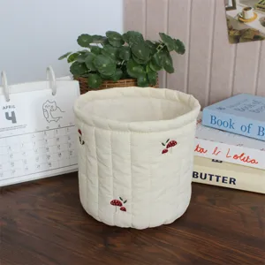 Korean style quilted fabric storage basket desktop cute mushroom embroidery organizer