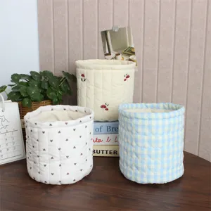 Quilted fabric storage basket desktop organizer cute desktop container for snack makeup toy