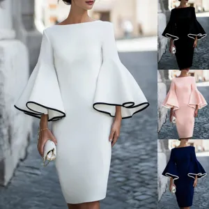 Women Elegant Bodycon Midi Dress Polyester Solid Color Boat Neck Flare Sleeve Slim Fit Casual Commuting Dress