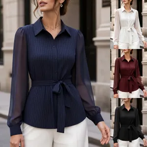 Women's Casual Striped Mesh Patchwork Long Sleeve Blouse Turn-Down Collar Waist-Cinching Elegant Commuter Shirt