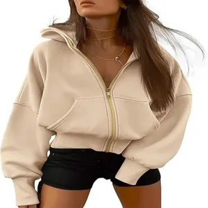 Women full zip cropped hoodie casual long sleeve sweatshirt comfortable outerwear top for daily wear