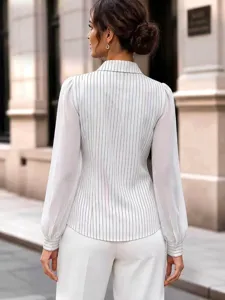 Elegant striped lantern long sleeve blouse for women, perfect for business casual wear.