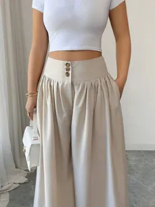 High waist wide leg trousers with three buttons and elegant draping for women summer wear.